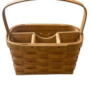 Basketville Vermont Wood Basket Hand Engraved FloralDesign Divided Caddy Art VTG